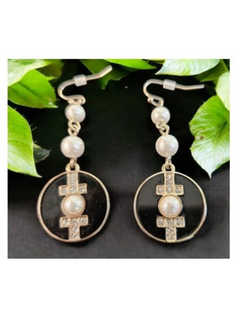 Pearl Rhinestone and Black Gold Filled Dangle Earrings